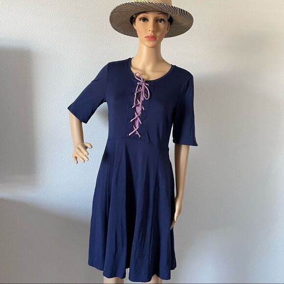 Anthropologie Maeve 1/2 Sleeve Lace Up Bodice Dress Navy Blue and Purple Small - Picture 1 of 9